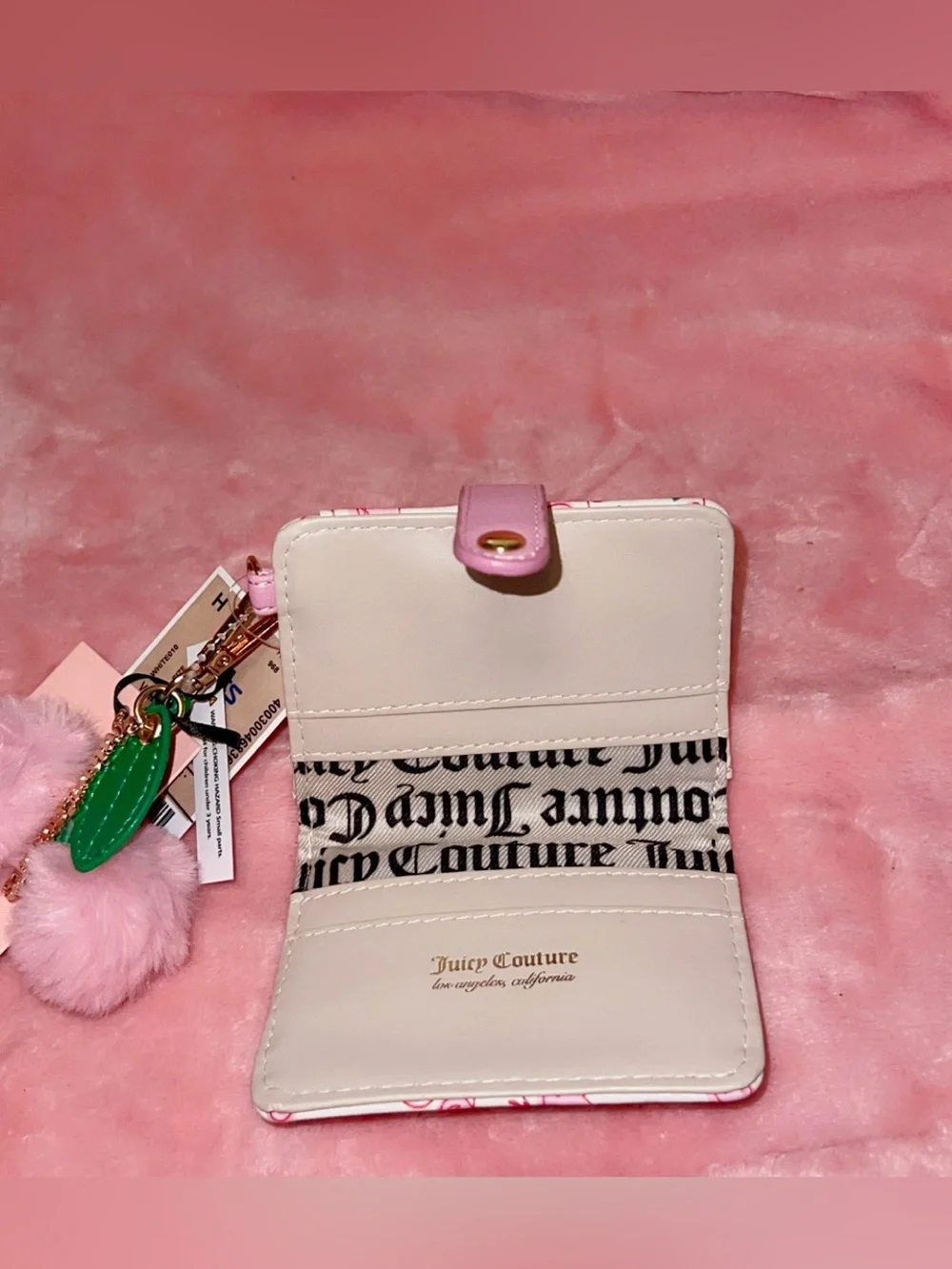 Juicy Couture Soft White and Pink Cherry Card Holder with Pink Cherry Pom Charm